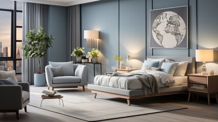 A blue and white bedroom with a baby crib and bed . Generative AI