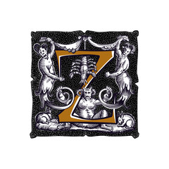 Witchcraft letter Z logo. Gothic medieval initial. Devil, cancer and ghosts in hell. Engraving drop cap with dots pattern. Alchemy font for Halloween invitations, pagan music, black magic labels.