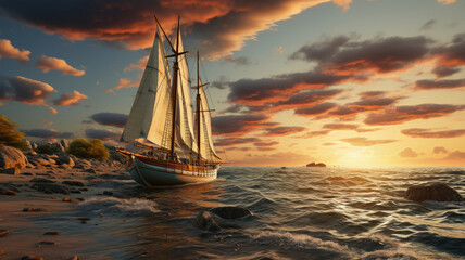 Fototapeta premium A boat with sail wheel at sunset, in the style of photorealistic pastiche. Generative AI