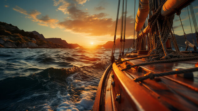 A boat with sail wheel at sunset, in the style of photorealistic pastiche. Generative AI