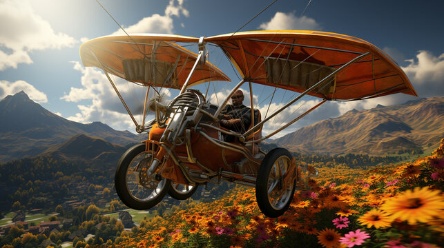 Motorized hang glider trike plane flies. Generative Ai