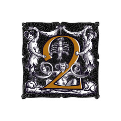 2 logo. Witchcraft number two sign. Gothic medieval initial. Devil, cancer and ghosts in hell. Engraving drop cap with dots pattern. Alchemy font for Halloween invitations, pagan black magic labels.