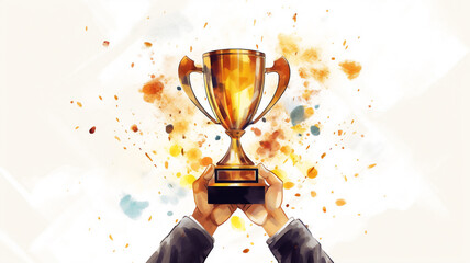 Winning team raise golden trophy cup. Success and achievement concept. Sport and cup award theme. Celebration for victory. Ceremony prize reward contest. Successful pride leadership. AI generative. - obrazy, fototapety, plakaty