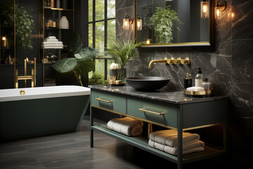 A modern look mirror and sink cabinet in an elegant bathroom, in the style of baroque dramatic lighting. Generative AI