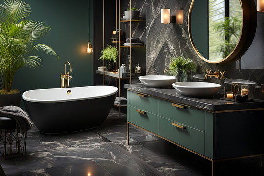 A modern look mirror and sink cabinet in an elegant bathroom, in the style of baroque dramatic lighting. Generative AI