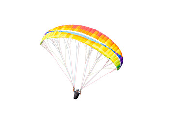 Bright colorful parachute on white background, isolated. Concept of extreme sport, taking adventure...