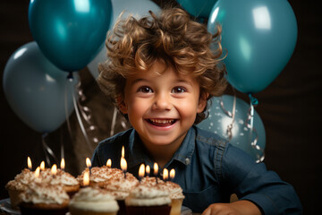 Fototapeta na wymiar A small happy boy holding up a birthday cake to the camera. Generative AI