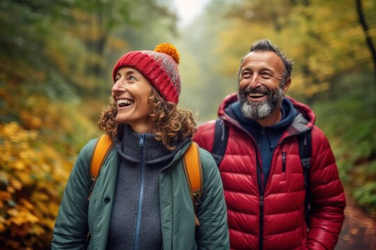 Photorealistic image of a middle aged couple of hikers walk through the forest in rainy weather. Pleasant communication during the walk.