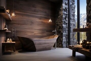 A bathroom with a stone wall and a large tub. AI
