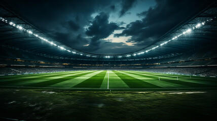 A soccer stadium filled with green grass and fans at night, in the style of dark gray and light cyan. Generative AI