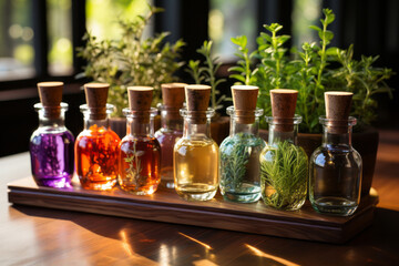 Obraz na płótnie Canvas An assortment of essential oil bottles with fresh plants from which they're derived, like lavender, peppermint, and rosemary, arranged on a wooden surface. Generative AI