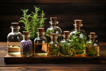 Obraz na płótnie Canvas An assortment of essential oil bottles with fresh plants from which they're derived, like lavender, peppermint, and rosemary, arranged on a wooden surface. Generative AI