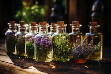 An assortment of essential oil bottles with fresh plants from which they're derived, like lavender, peppermint, and rosemary, arranged on a wooden surface. Generative AI