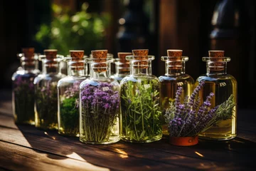  An assortment of essential oil bottles with fresh plants from which they're derived, like lavender, peppermint, and rosemary, arranged on a wooden surface. Generative AI © wolfhound911