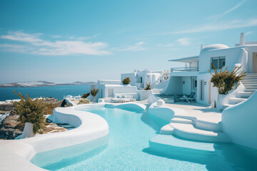 Fototapeta premium luxurious mediterranean home, outdoor living concept with private oasis, traditional white house with swimming pool, fictional architecture created with generative ai