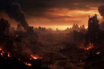 An image representing a destroyed city in a fire storm. Generative AI