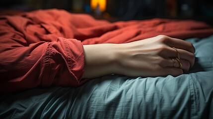 Fototapeta premium Clenched female hand on sheet on bed. Generative Ai