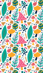 colorful seamless pattern with leaves,  mushrooms and geometric shapes