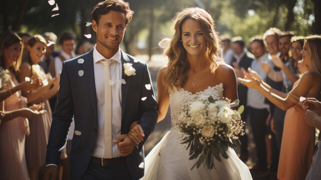 Bride And Groom At The End Of The Ceremony On A Sunny Day, Bride And Groom Leaving The Wedding In White Dresses. Generative AI