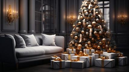 Christmas tree and gifts in the living room. Generative AI