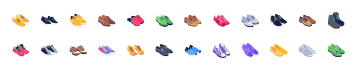 Shoes and Footwear Set Vector. Fashionable Shoes. Boots. For Man And Woman. Web Icon. Flat Cartoon Isolated Illustration	
