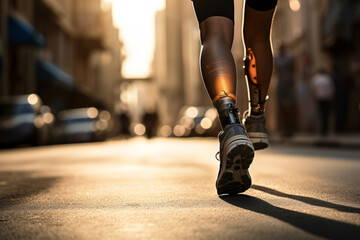 close-up of a prosthetic leg of a person with a running shoe on against the background of a street. Generative AI