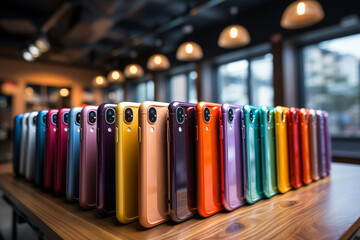 Colorful phone cases in phone store. Generative AI