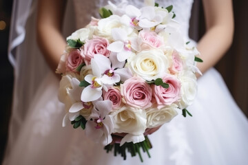 Obraz na płótnie Canvas Close up the bride holds a beautiful wedding bouquet. Generative AI