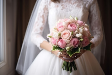 Close up the bride holds a beautiful wedding bouquet. Generative AI