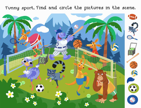 Find and circle objects. Educational puzzle game for children. Cute animals playing sports. Vector cartoon scene. Funny animals in sports suits. 