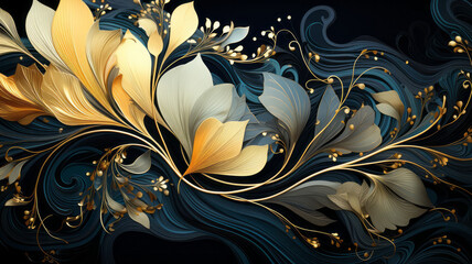 decorative art deco modern geometric pattern in gold and black, in the style of abstracted botanical illustrations. Generative AI
