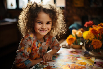 Girl holding a paintbrush, facing the camera, drawing on a wooden table, children's room background. Generative AI