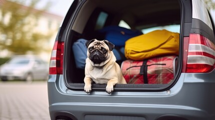 Cute dog sitting on luggage bags in car back , AI Generated