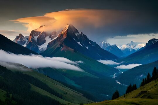 Mountain displays radiant colors at heavy clouds generated by AI tool © Muhammad