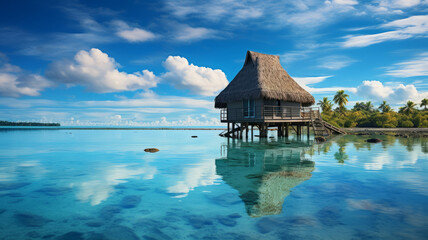 Omaha beach lodge atoll Fiji reservoir Fiji. Generative AI - obrazy, fototapety, plakaty