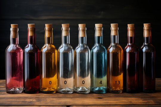 Multiple bottles of wine lined up in the style of rustic. Generative AI