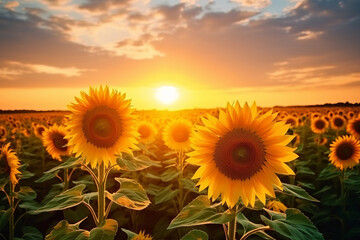 Fototapeta premium Sunflowers in field with sunset. Generative AI