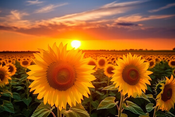 Fototapeta premium Sunflowers in field with sunset. Generative AI