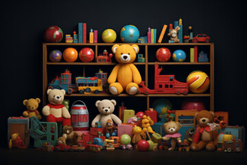 Toy collection on black background.. Generative AI