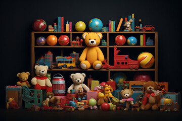 Obraz premium Toy collection on black background.. Generative AI