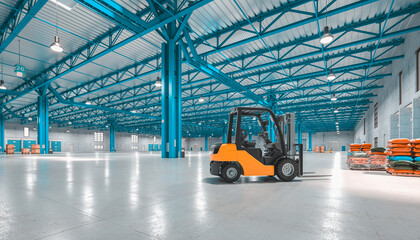 interior of a very large empty warehouse, forklift at work. © tiero