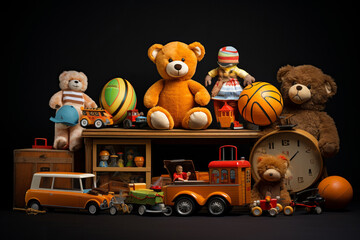 Toy collection on black background.. Generative AI