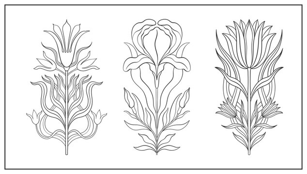 Floral flower in art nouveau 1920-1930. Hand drawn tulip in a linear style with weaves of lines, leaves and flowers art nouveau.