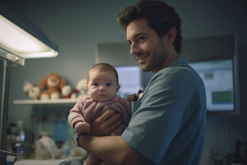 Male pediatrician holds baby in arms in pediatric hospital. Children's healthcare. Generative AI