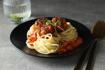 Concept of delicious food - pasta with meatballs