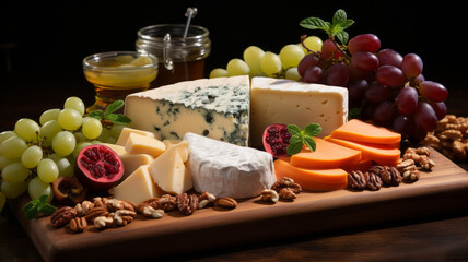Various types of cheese and berries cheese and meats. Generative AI