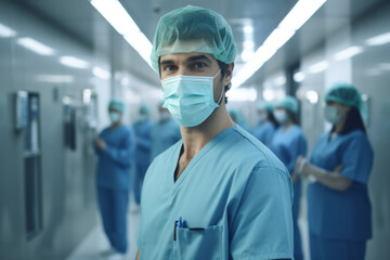 Fototapeta na wymiar Male doctor surgeon practitioner wearing medical mask in hospital, headshot portrait. Generative AI