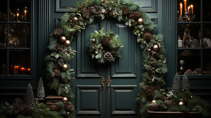 Fototapeta na wymiar Wreath Christmas green in Christmas wreath with cones. Generative AI
