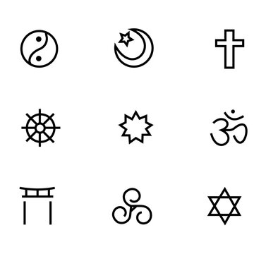 World religion symbols. Christianity, Islam, Hinduism, Buddhism, Judaism, Taoism, Shintoism, Bahaism and Druidism icon vector illustration. 