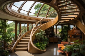Loft interior design of modern living room open space. Spiral staircase, Wooden paneling and concrete walls. Plants. Created with generative AI